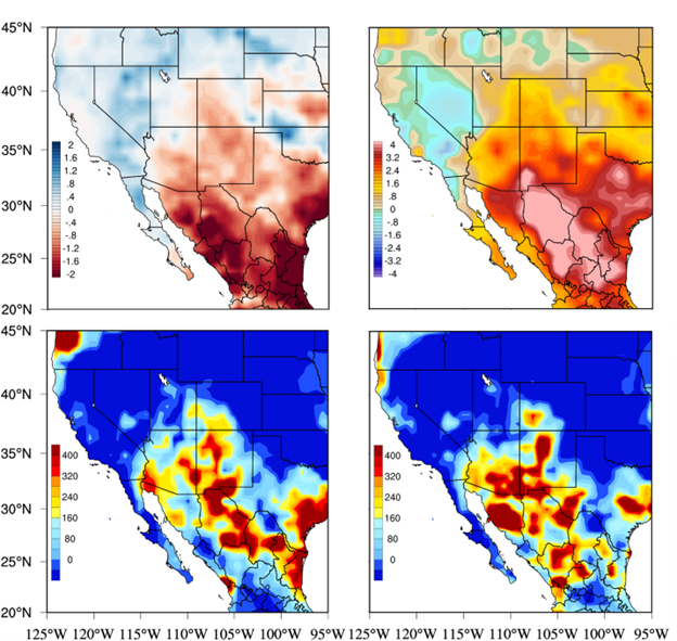 Four maps of the southwestern US showing heat and precipitation anomalies.