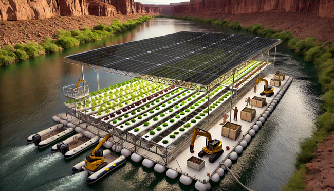 AI generated image of a barge covered in solar panels floating in water in a redrock canyon.