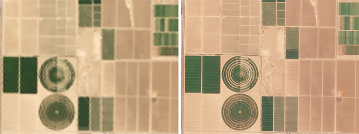 side by side images of croplands from above show the difference between low and high resolution imagery