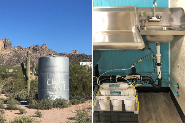 Water tank in desert community (L), water filtration system under sink (R)