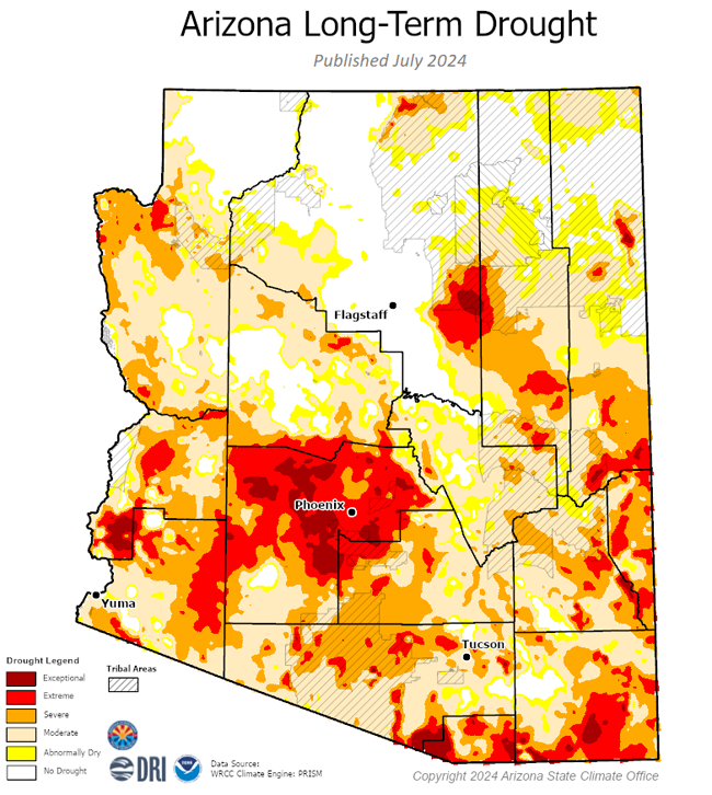 A map of Arizona in various shades of reds and yellows indicated the long-term drought picture in the state