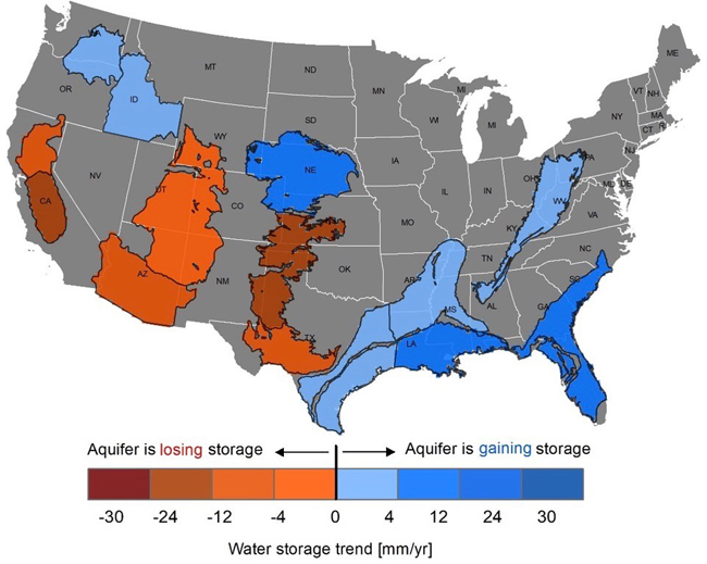 A map of the US with several areas in red showing groundwater loss in storage, including in Arizona.