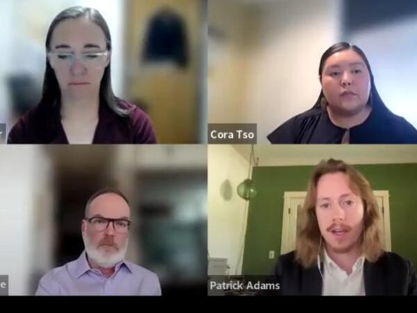 A group of people presenting during an online webinar