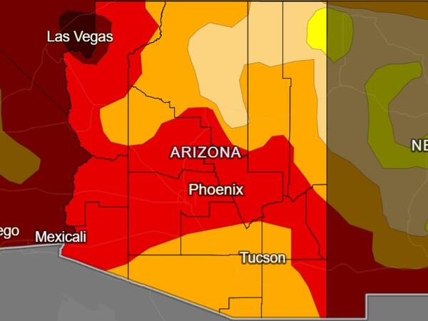 Various shades of oranges and reds show Arizona drought