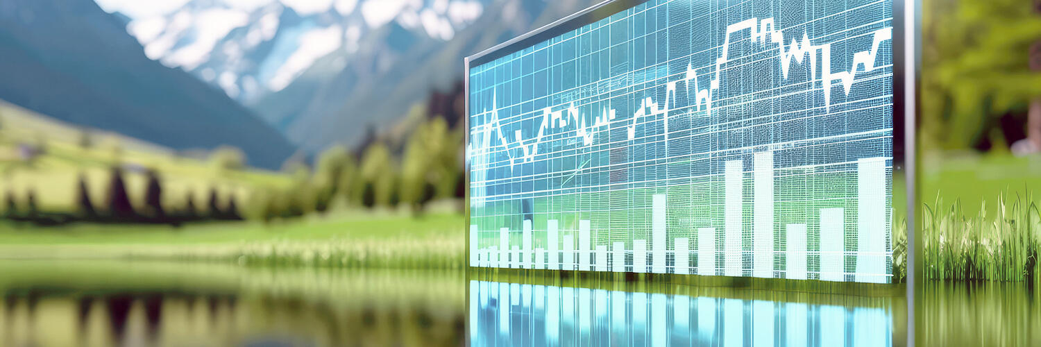 Chart superimposed over landscape scene with mountains and snow
