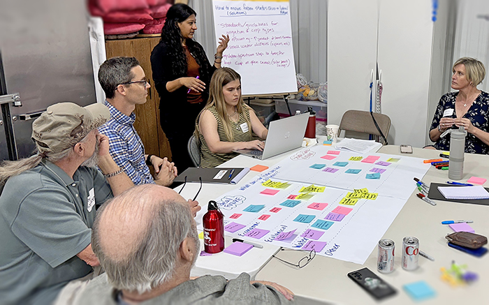 A group of six people talk around a table filled with sticky notes and an easel