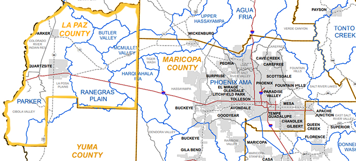 Map of central Arizona with a western county highlighted