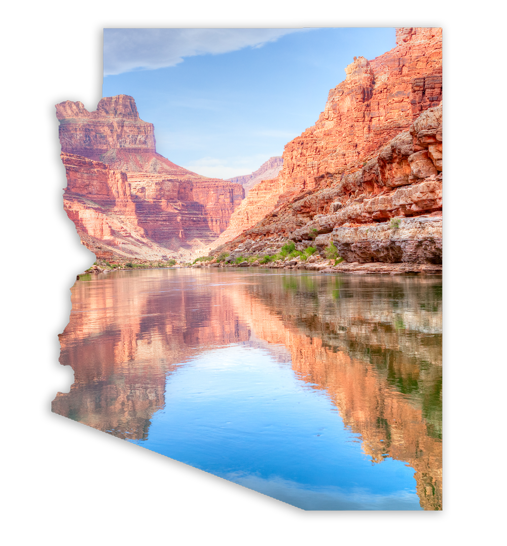 image of arizona mountains and streams in the shape of the state