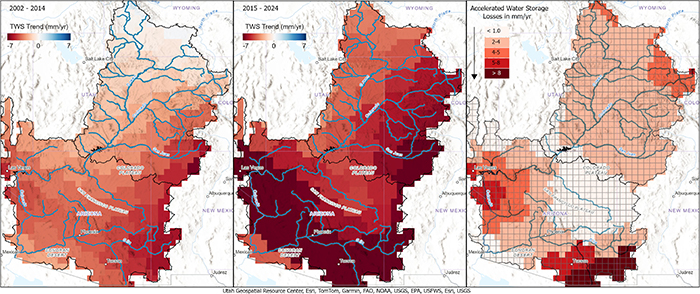 Maps showing decreasing groundwater levels in angry reds.