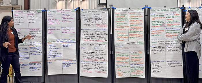 Two women stand on either side of a display full of large paper and ideas.
