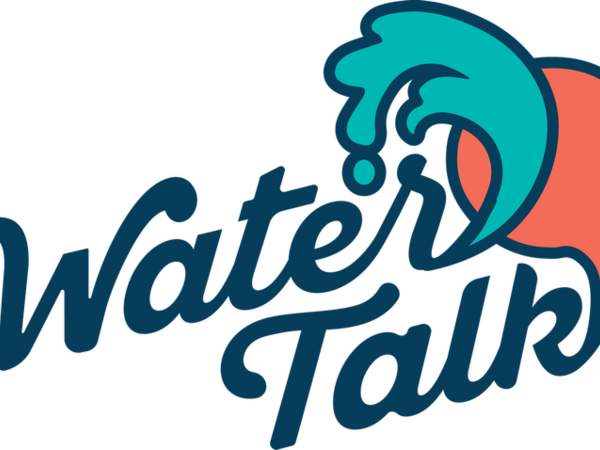 blue and orange logo with water talk and wave
