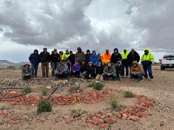 A group of people stand above a newly created desert rain garden