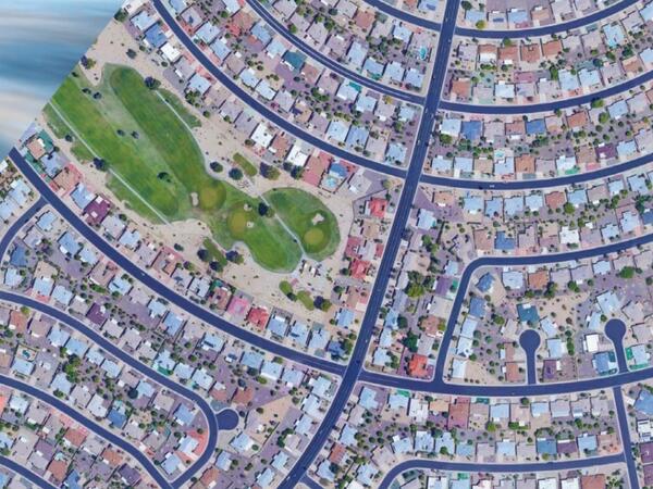 A desert city with water from above.