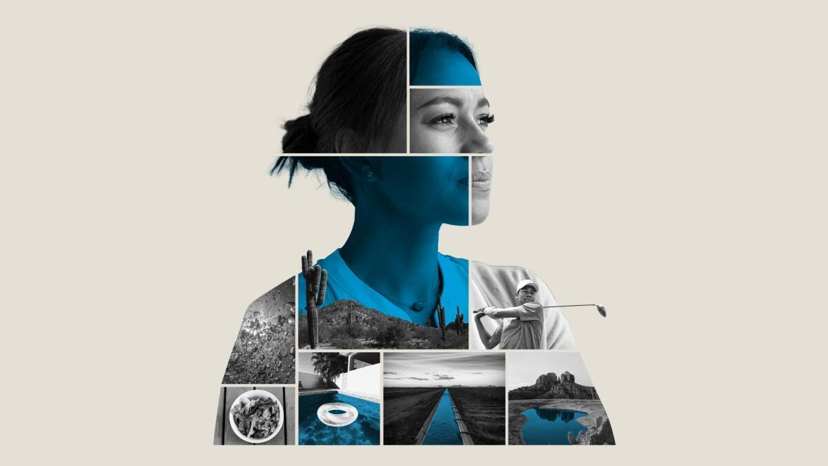 A woman is segmented by abstracted blocks in blue representing water needs.