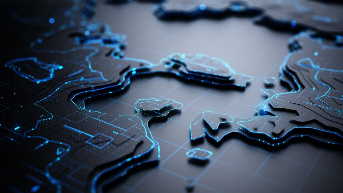 A raised relief surface in black and blue abstractly conveying land surface heights
