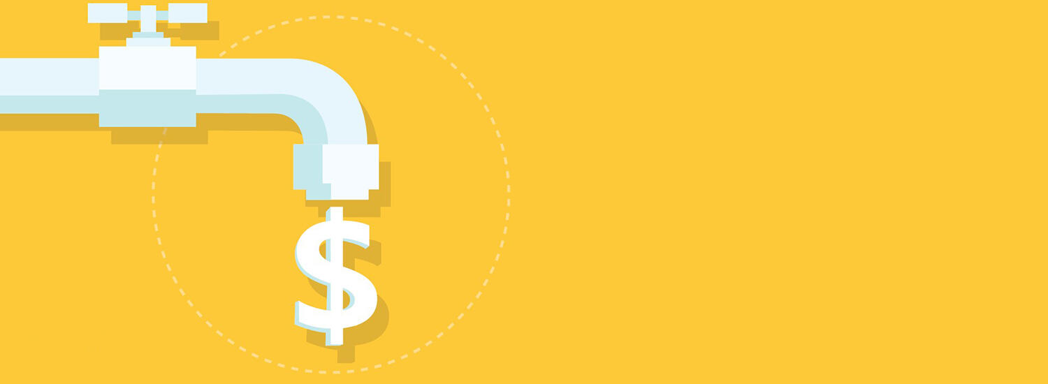 An illustrated faucet with money coming out on a yellow background.