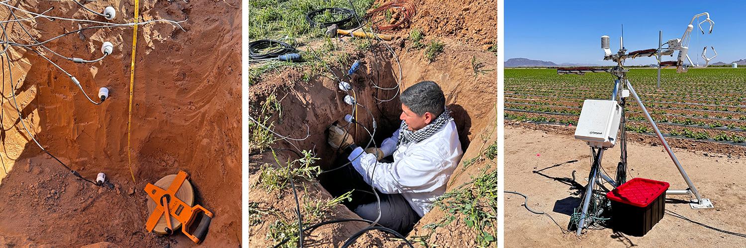 A triad of images showing soil pit and profile with man in the pit and scientific equipment.
